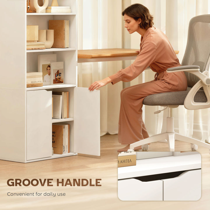 MCL 6-Tier Tall Bookcase, Bookshelf with 4 Open Shelves and Double Door Storage Cabinet, Freestanding Display Rack for Living Room, Bedroom, Home Office, Study, 59 x 29 x 180cm, White