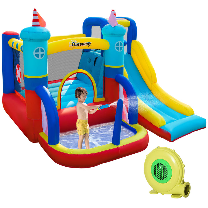 Outsunny 4 in 1 Kids Bounce Castle Large Sailboat Style Inflatable Slide Trampoline Water Pool Climbing Wall for Age 3-8, 2.65x2.6x2m | Aosom UK