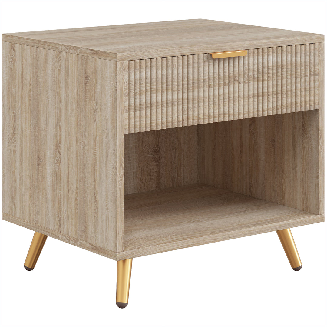 Elegant Bedside Table, with Drawer and Shelf - / Tone - Natural wood finish