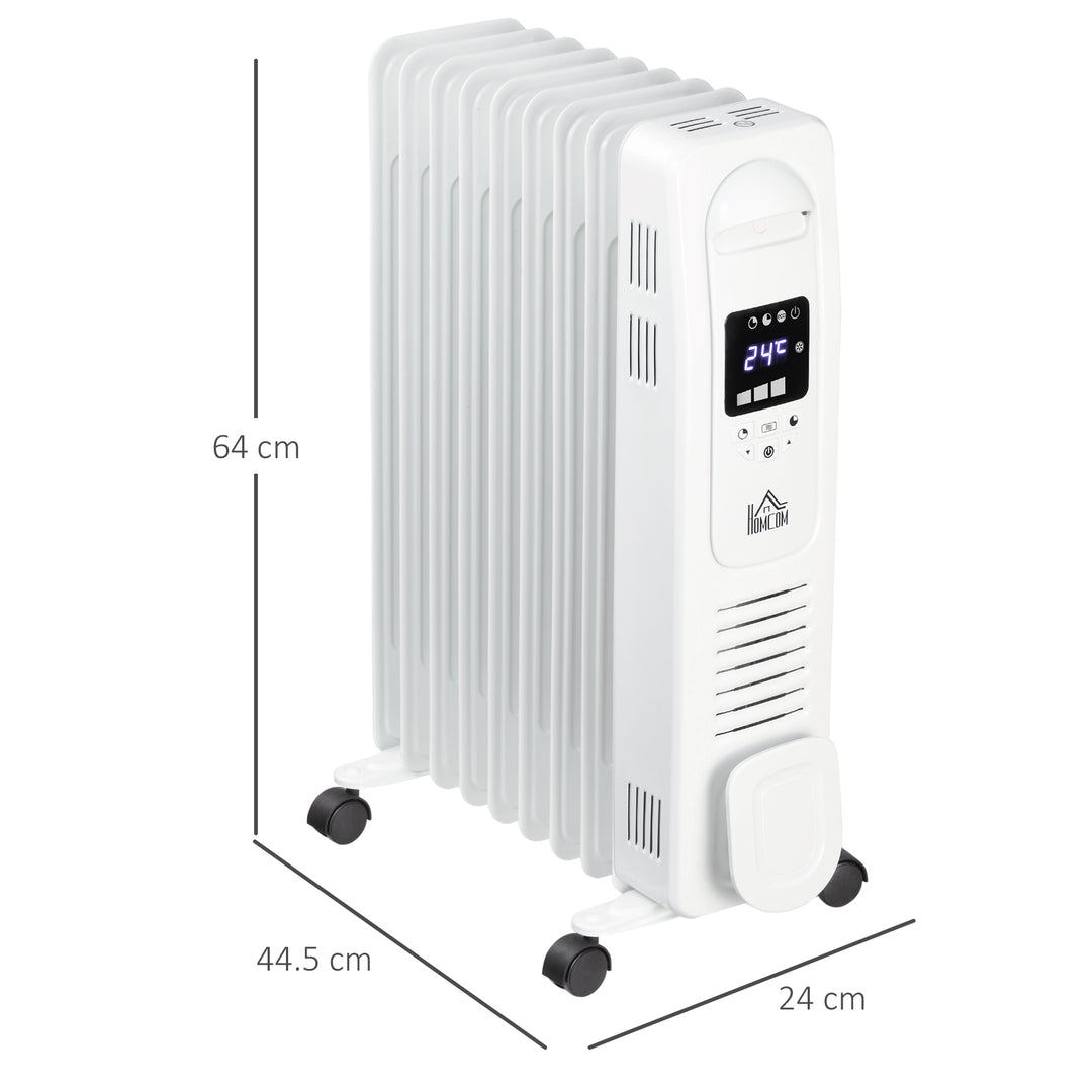 2000W Digital Oil Filled Radiator, 9 Fin, Portable Electric Heater with LED Display, Timer, 3 Heat Settings, Safety Cut-Off and Remote Control, White