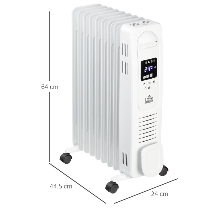 2000W Digital Oil Filled Radiator, 9 Fin, Portable Electric Heater with LED Display, Timer, 3 Heat Settings, Safety Cut-Off and Remote Control, White