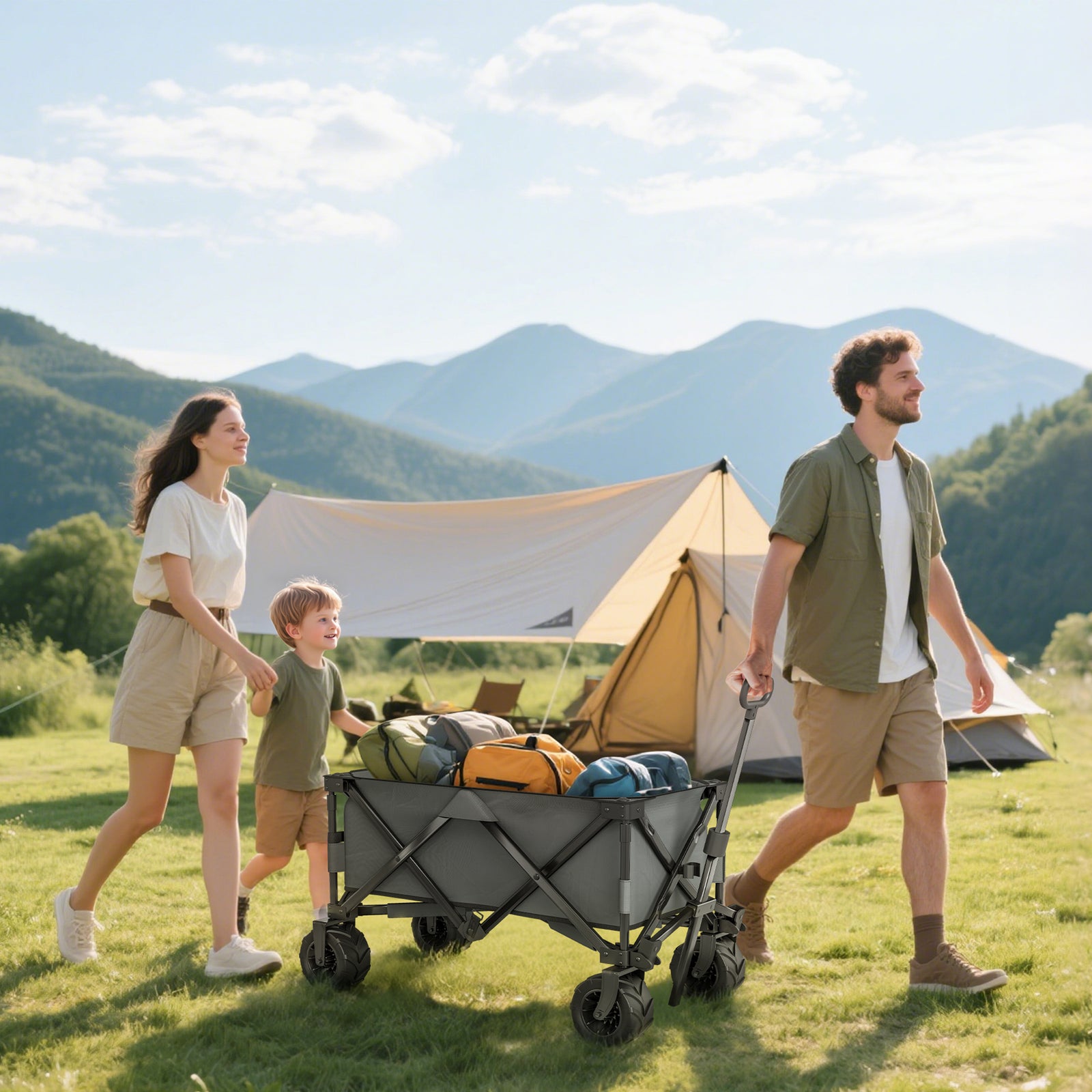 Outdoor Pull Along Cart Folding Cargo Wagon Trailer Trolley for Beach Garden with Handle, Anti-Slip Wheel - Dark Grey