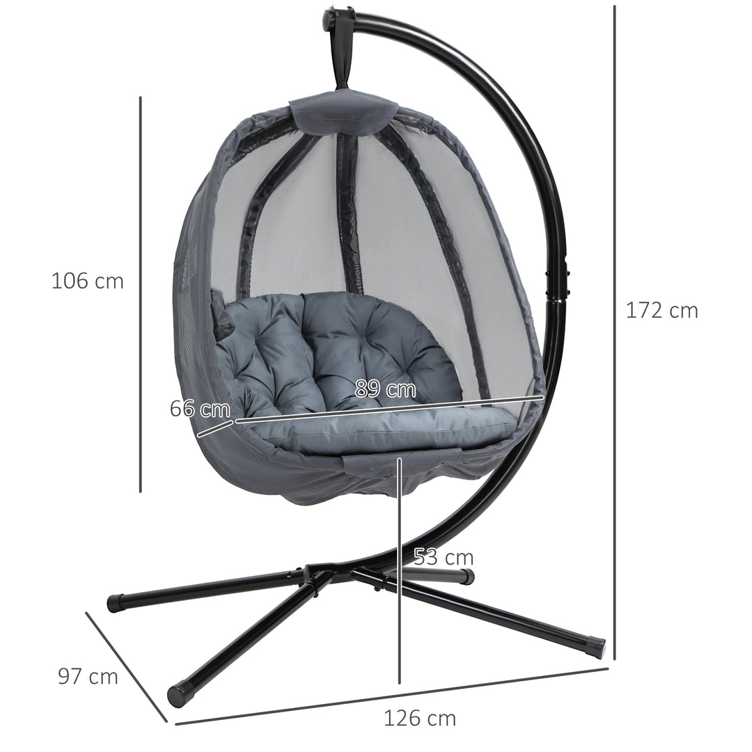 Hanging Egg Chair, Folding Texteline Swing Hammock with Side Pocket, Cushion and Stand for Indoor Outdoor, Patio Garden Furniture, Grey