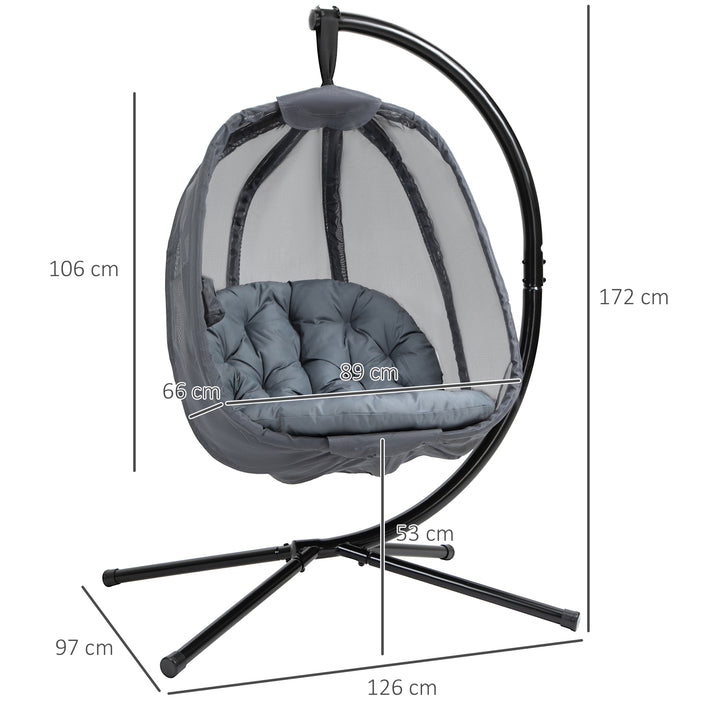 Hanging Egg Chair, Folding Texteline Swing Hammock with Side Pocket, Cushion and Stand for Indoor Outdoor, Patio Garden Furniture, Grey