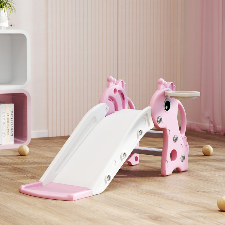 AIYAPLAY 3 in 1 Kids Slide with Climber, Basketball Hoop and Ball, Giraffe Shape Climber Slide for Indoor Kids Age 1-3, Pink