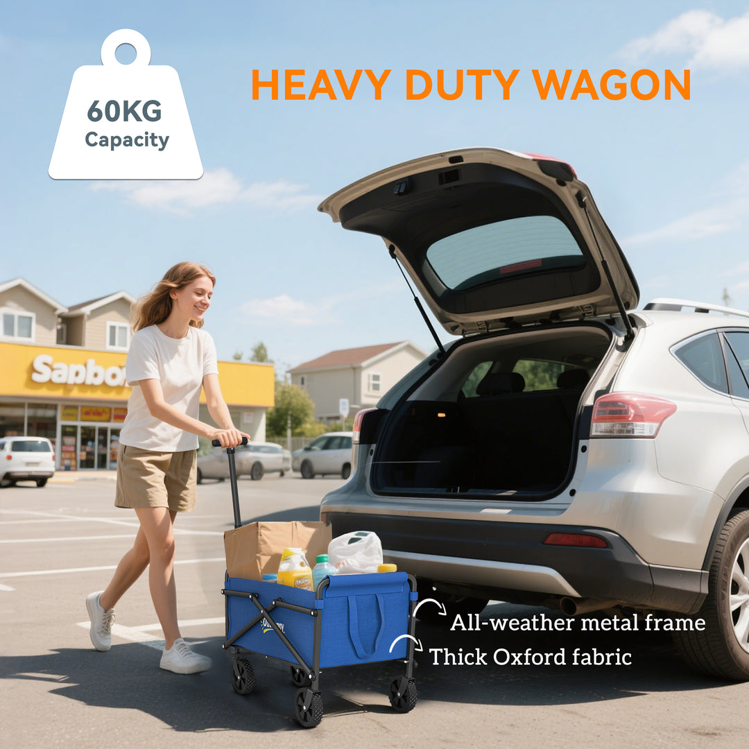 41L Festival Trolley on Wheels, Small Garden Folding Trolley Cart, 60kg Heavy Duty Collapsible Folding Wagon with Adjustable Handle and Carrying Bag for Beach, Camping, Festival, Blue
