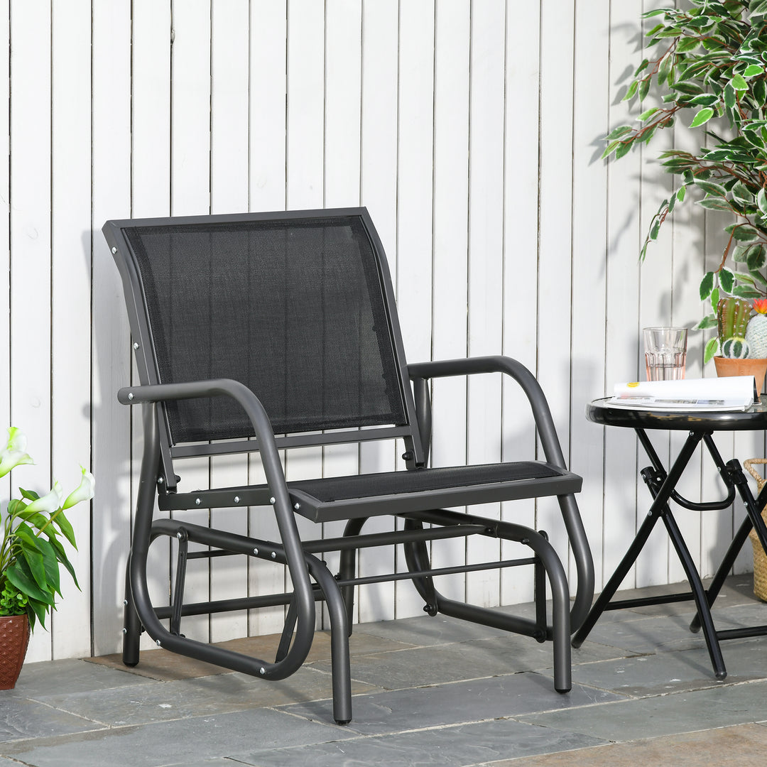 Outdoor Garden Glider Chair, Metal Frame Single Armchair Swing Seater w/ Breath Mesh Fabric Seat, Curved Backrest, Armrests, for Living Room, Patio, Porch, Dark Grey