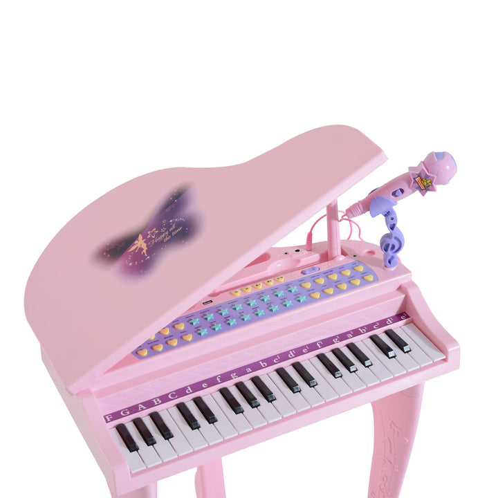 37 Keys Kids Mini Electronic Keyboard Children Grand Piano with Stool Microphone Light Musical Instrument Educational Game Toy Set (Pink)