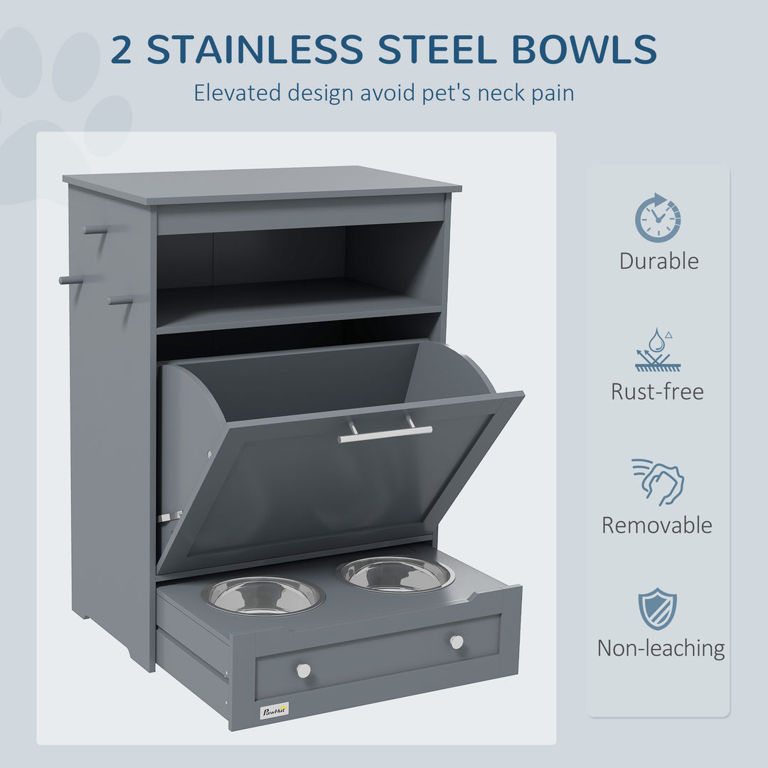 Pet Feeder Station, Dog, Cat Storage Container, with Raised Bowls, Hanger, Cabinet - Grey