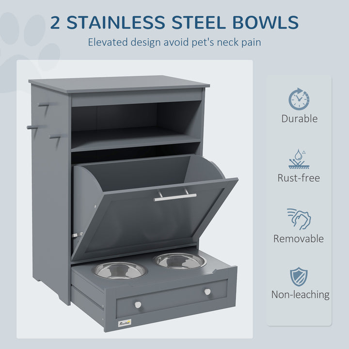 Pet Feeder Station, Dog, Cat Storage Container, with Raised Bowls, Hanger, Cabinet - Grey