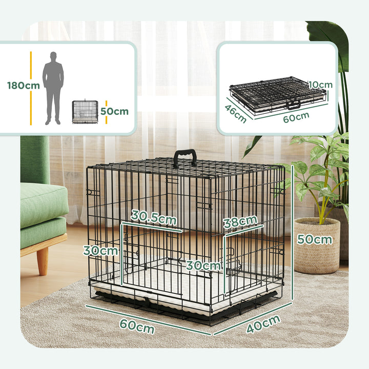 Foldable Dog Crate with Two Doors with Tray, Soft Cushion, for Extra Small Dogs, 60 x 40 x 50, Black