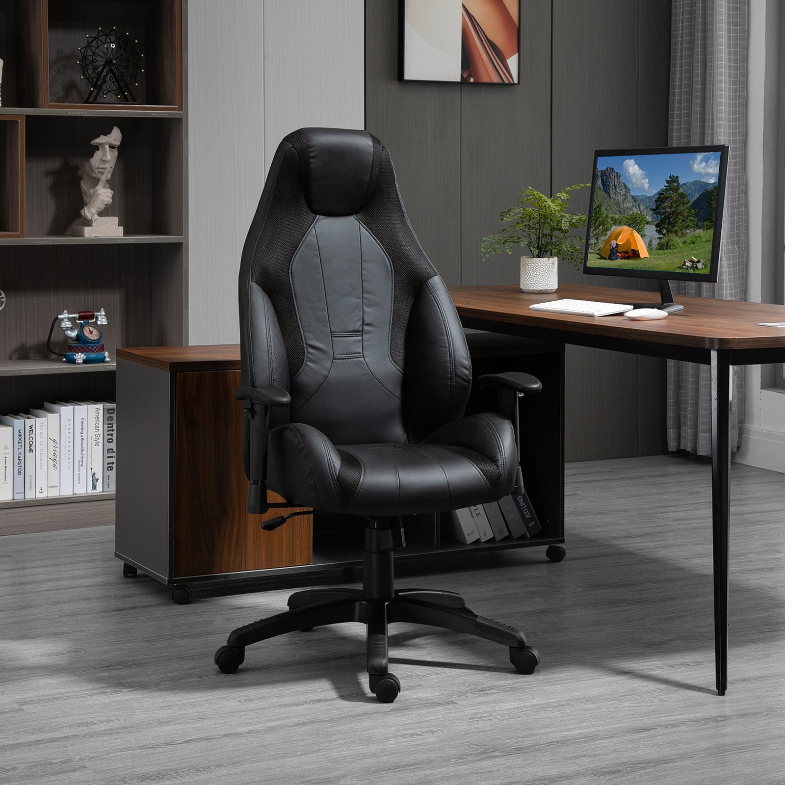 Racing Gaming Chair, Mesh & Faux Leather Computer Chair with High Back, Swivel Wheels, Adjustable Height and Armrest, Black