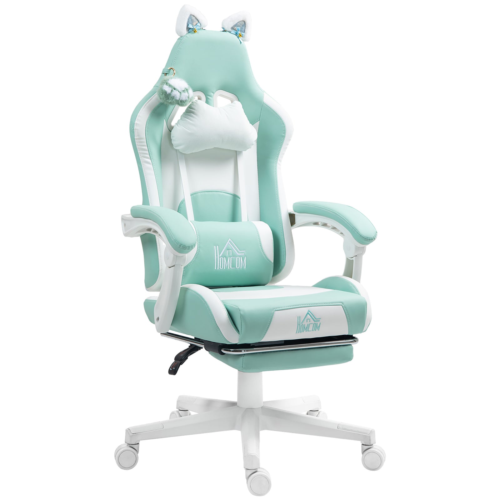 Cat Ear and Paw Reclining Office Chair, with Footrest - Light Blue/White