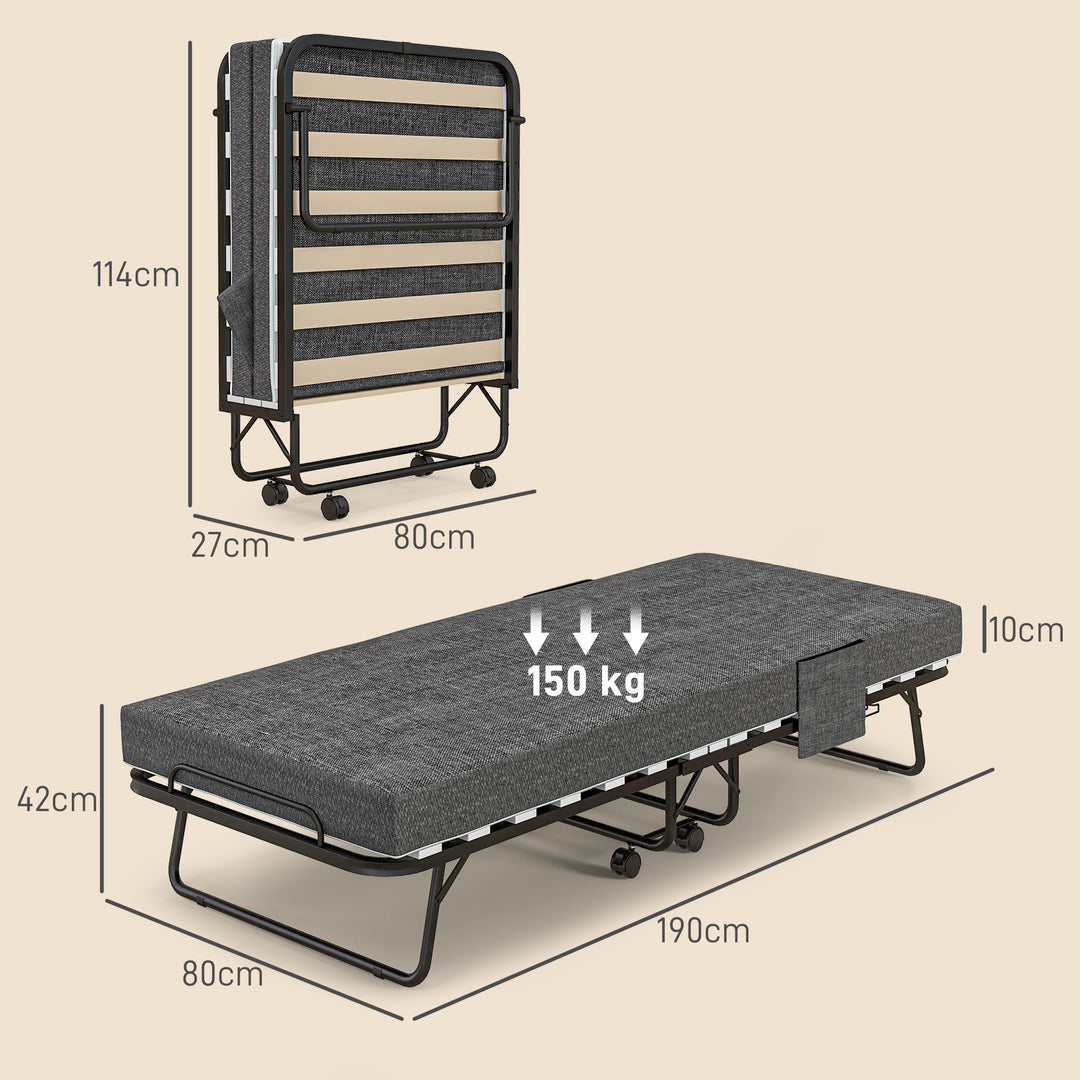 Single Steel Frame Folding Bed, with Wheels - Black/Grey