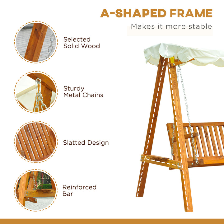 3 Seater Garden Swing Seat with Canopy, Wooden Swing Chair, Outdoor Hammock Bench for Balcony Patio Porch, Cream White