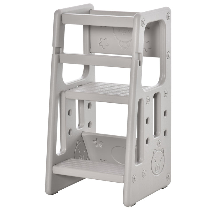 HOMCOM Kids Step Stool Adjustable Standing Platform Toddler Kitchen Stool -Standing Tower for Kitchen Counter Learning Platform w/ Three Heights Grey