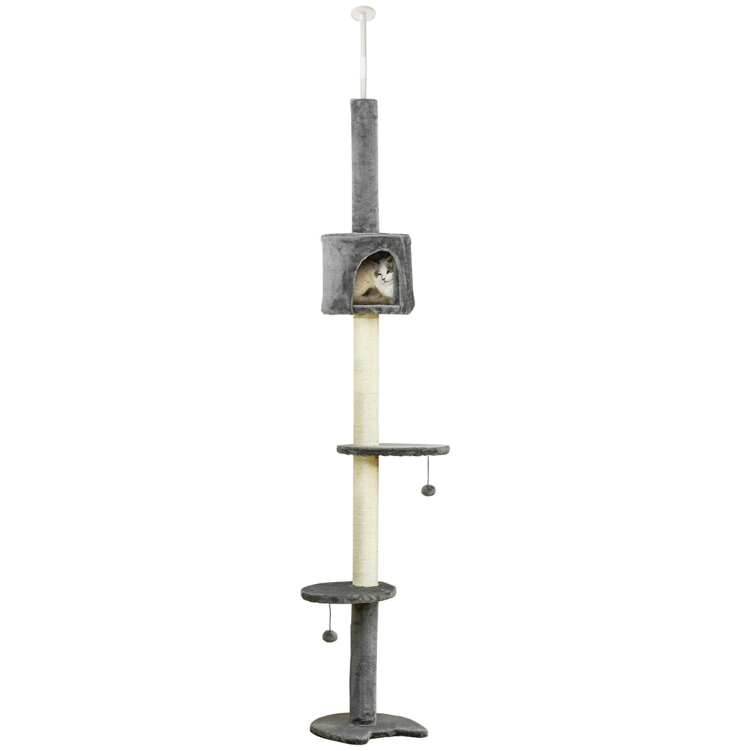 MCL Floor to Ceiling Cat Tree for Indoor Cats, Kitten Tower, Condo, Multi-Layer Activity Center, Indoor Pet Play House with Solid Scratching Post Hanging Balls, Light Grey