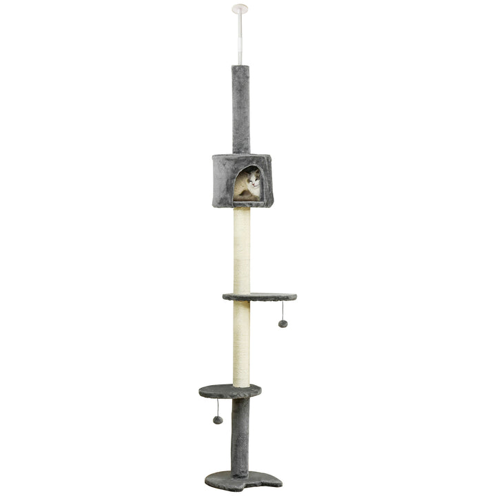 MCL Floor to Ceiling Cat Tree for Indoor Cats, Kitten Tower, Condo, Multi-Layer Activity Center, Indoor Pet Play House with Solid Scratching Post Hanging Balls, Light Grey