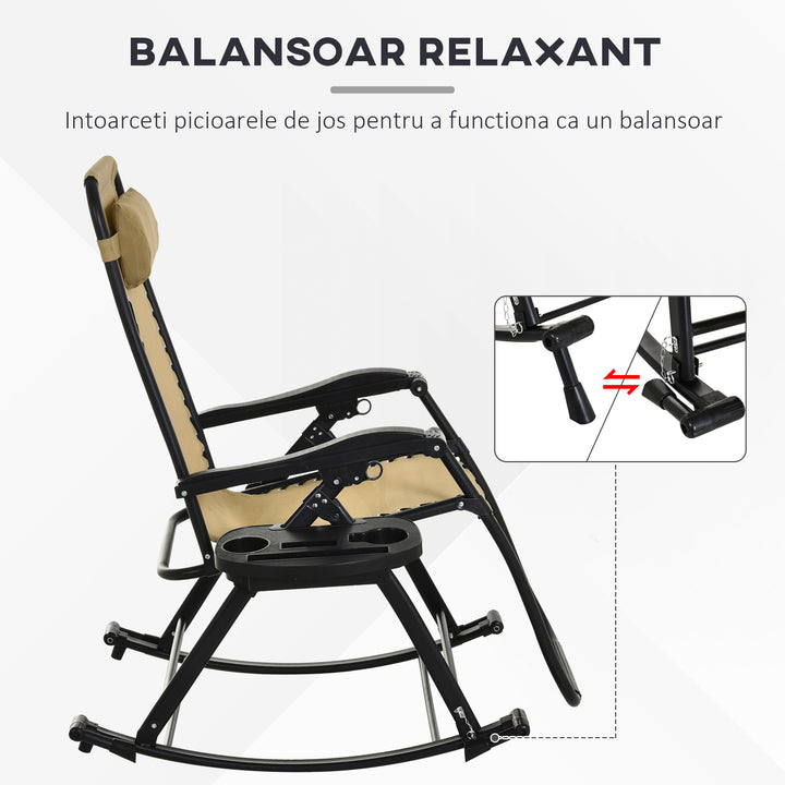 Garden Rocking Chair Folding Recliner Outdoor Adjustable Sun Lounger Rocker Zero-Gravity Seat with Headrest Side Holder Patio Deck - Beige