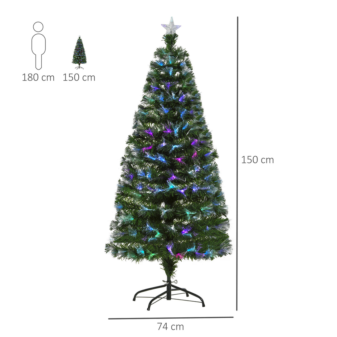 5FT Multicoloured Artificial Christmas Tree w/ Fibre Optic Lights Pre-Lit Modes Metal Stand Star Holder Home Seasonal Decoration