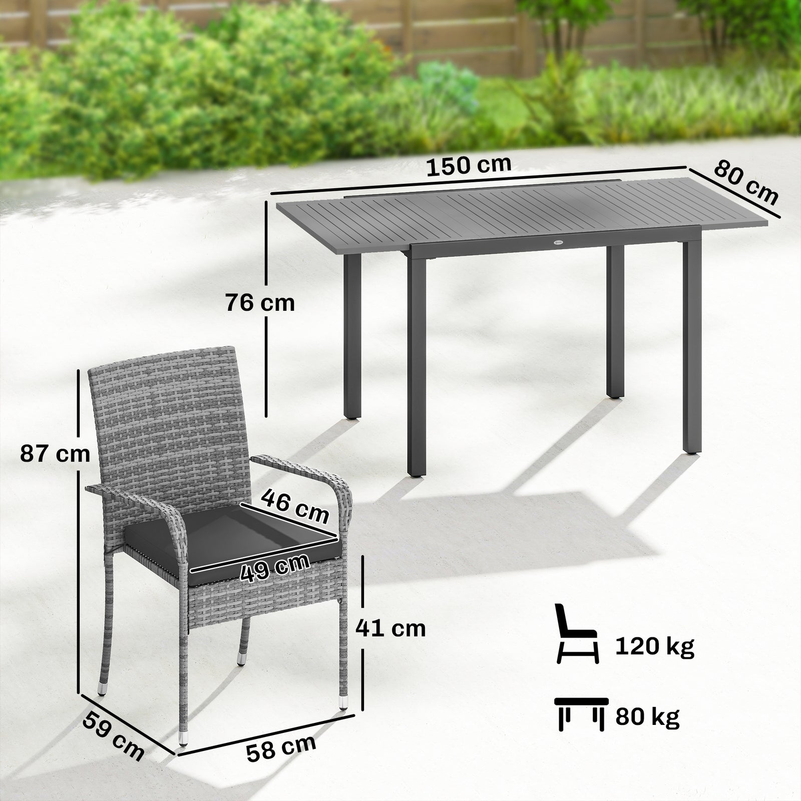 7 Piece Rattan Garden Furniture Set, 6 Seater Garden Table and 6 Stack