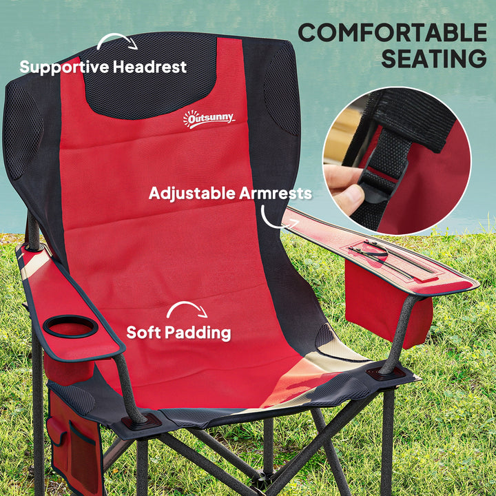 Set of 2 Folding Camping Chairs, Padded Camping Chairs with Adjustable Armrests, Portable & Lightweight Folding Camp Chair with Cooler Bag, Cup Holder and Side Pockets, Red