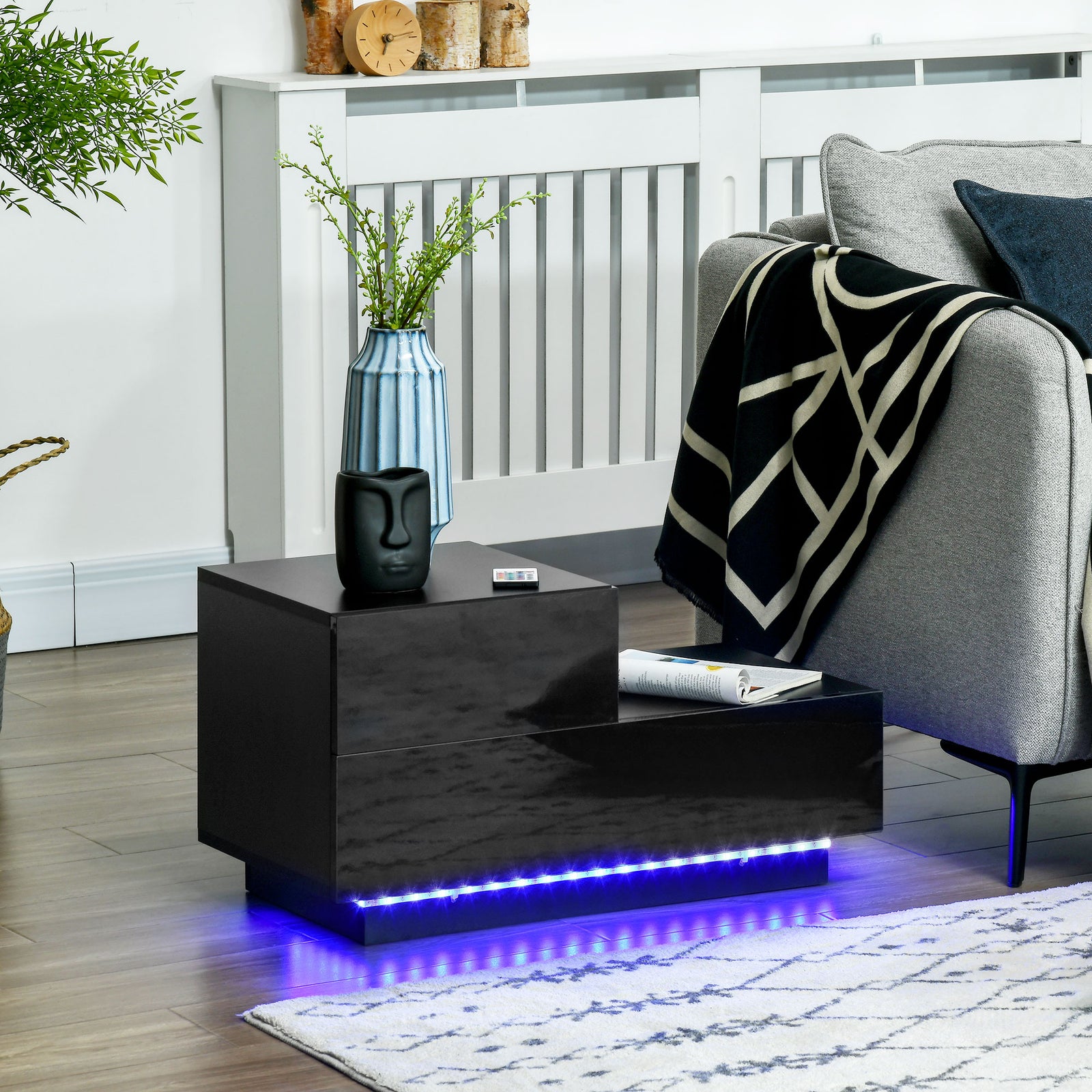 High Gloss Front Bedside Table with Drawers Nightstand with RGB LED Li