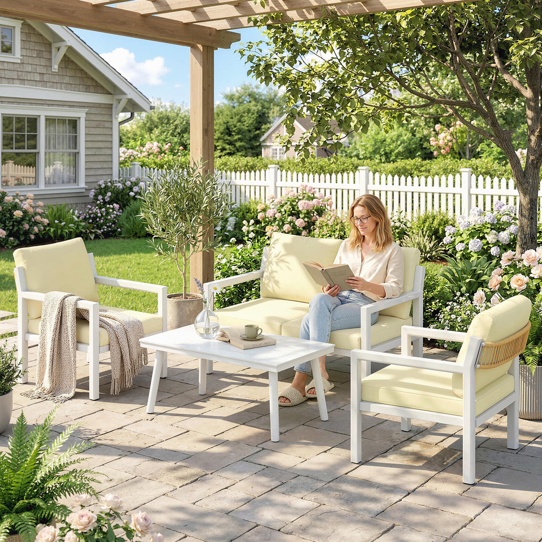 4 Seater Rattan Garden Furniture Set with 2 Armchairs, Loveseat, Coffe