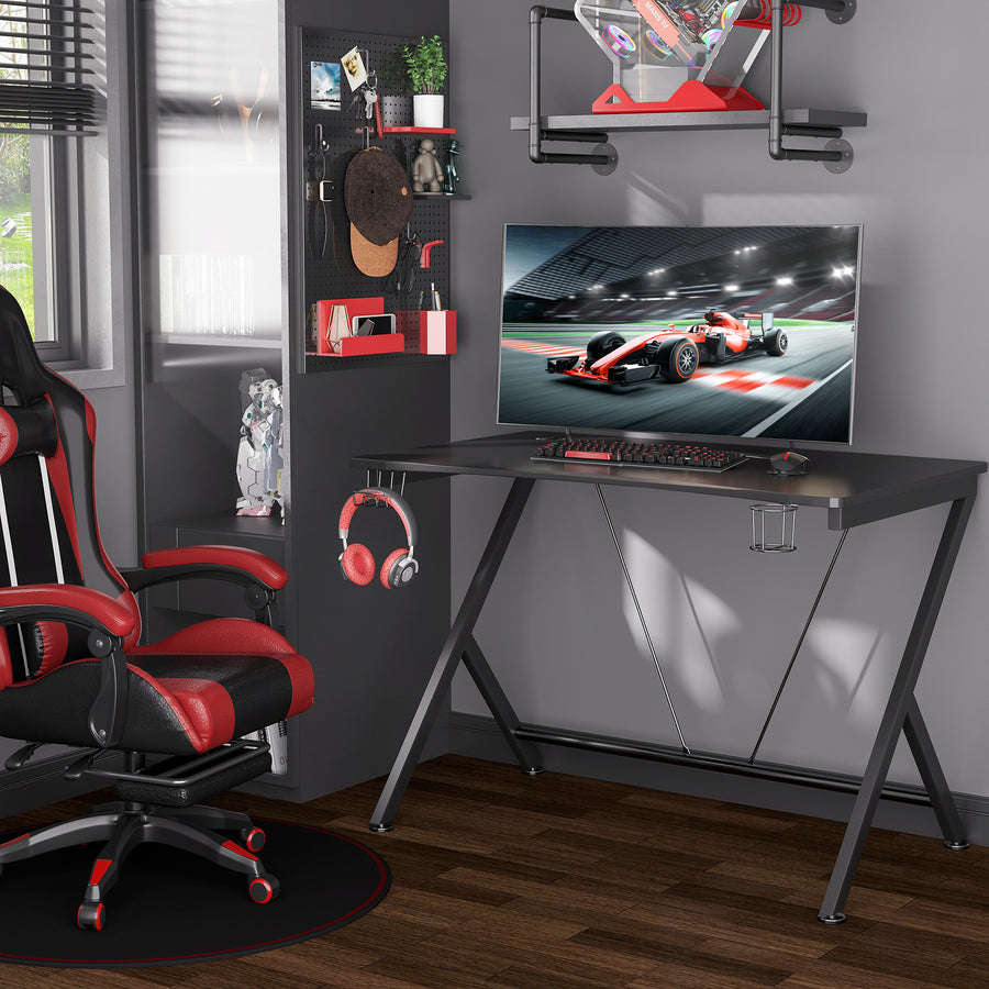 Gaming Desk 108 x 66 cm PC Computer Desk with Whole Board, A Shaped Gaming Table for Home Office with Cup Holder and Headphone Hook, Black