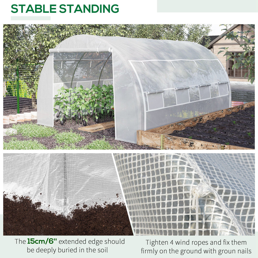 4 x 3 x 2 m Polytunnel Greenhouse with Roll-up Side Walls, Walk-in Grow House Tent with Steel Frame, Reinforced Cover, Zipped Door and 12 Mesh Windows for Garden, White