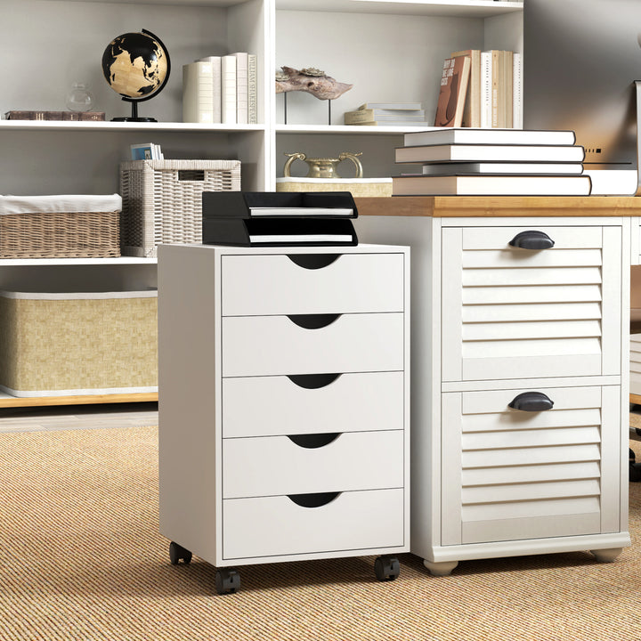HOMCOM 5 Drawer Mobile Filing Cabinet, Vertical File Cabinet, Modern Rolling Office Storage Organizer Cupboard, White
