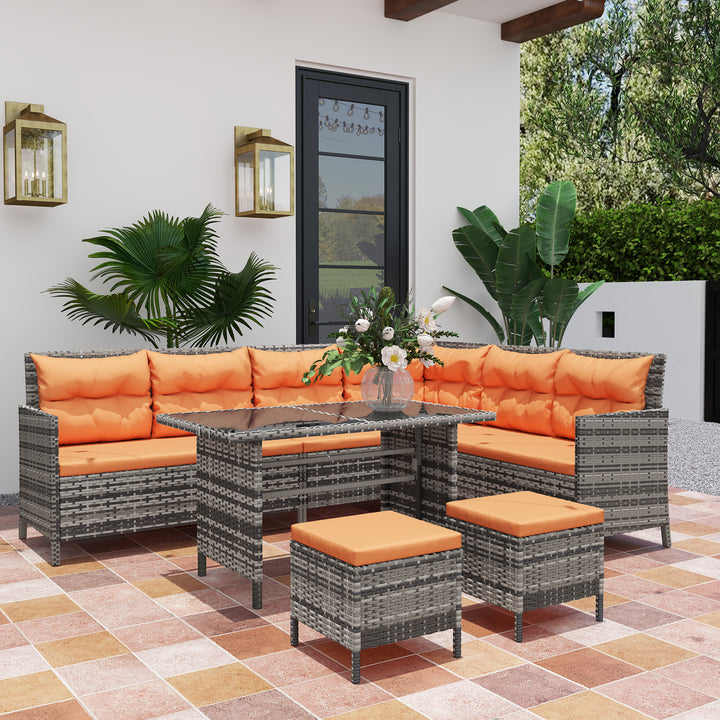 7-Seater Patio wicker Sofa Set Rattan Chair Furniture w/ Glass & Cushioned, Orange