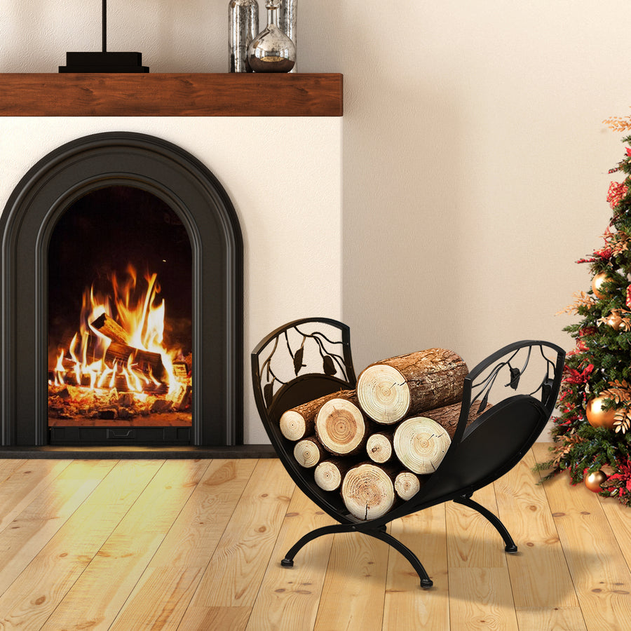 Metal Arced Firewood Log Holder Indoor Outdoor Folding Firewood Rack Fireplace Wood Storage Shelf w/ Leaf Pattern Design, Black, 43.5W x 36.5D x 41H cm