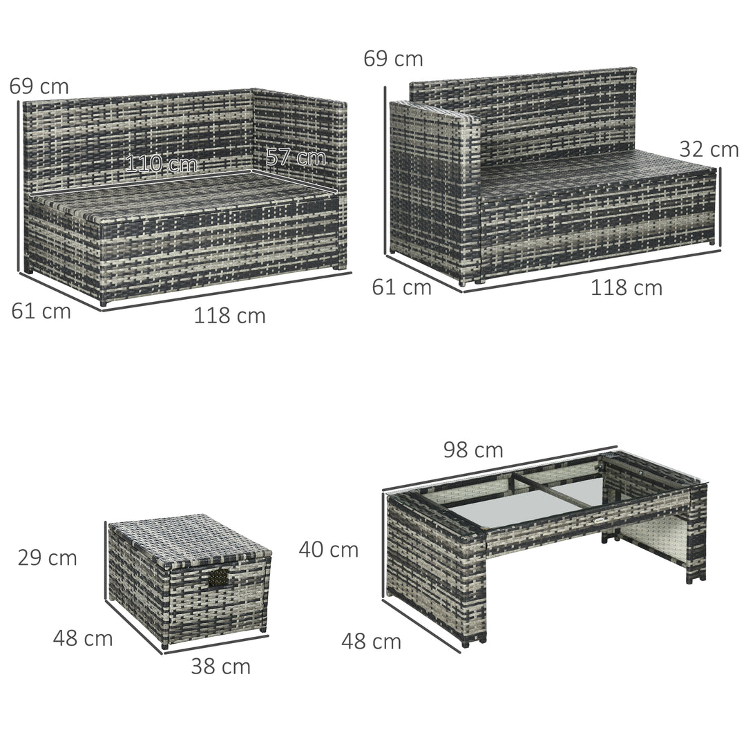 6 Piece Rattan Garden Furniture Set, 8-Seater Outdoor Sofa Sectional with 3 Cushioned Loveseat 2 Footstools Table Grey