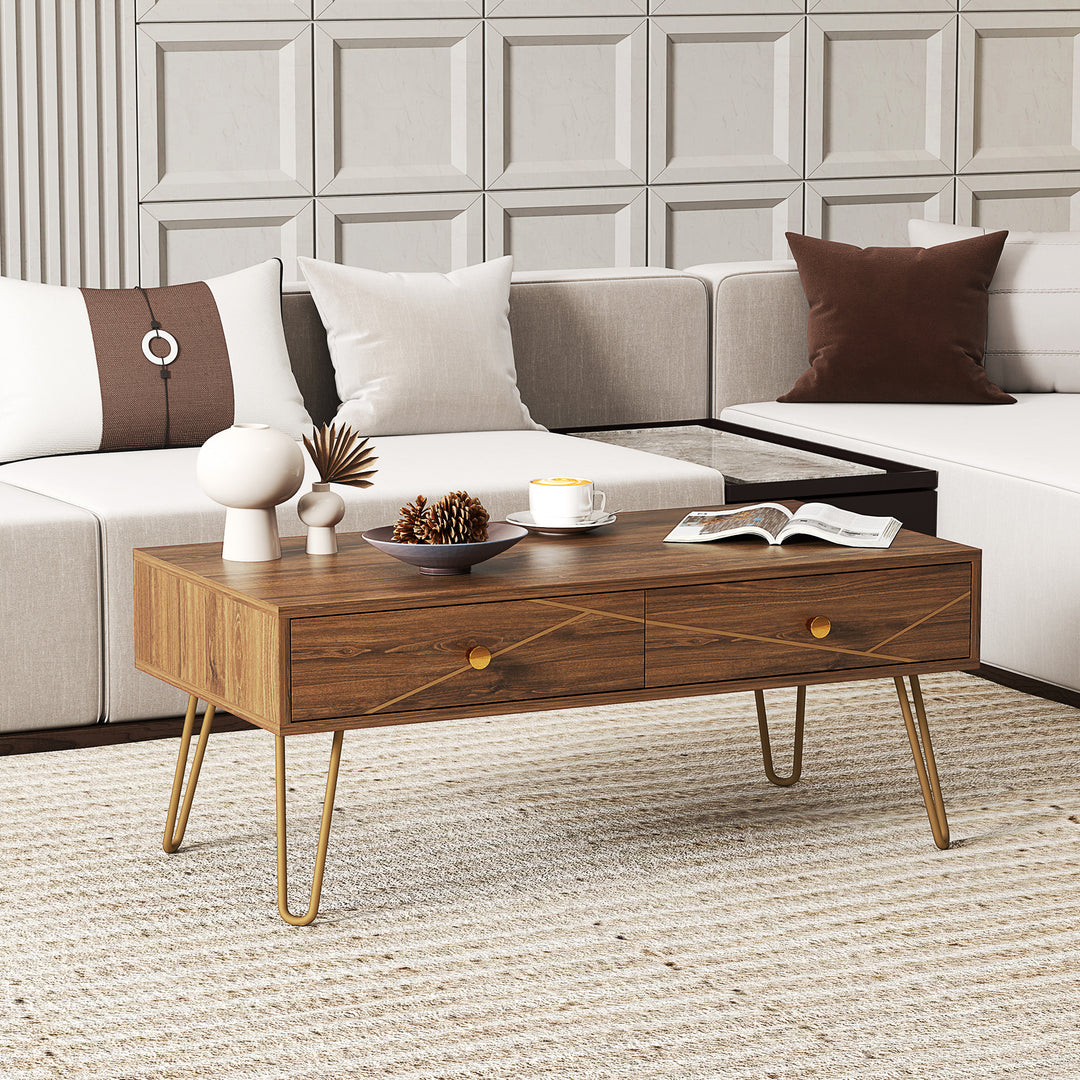 Coffee Table with Storage, Living Room Table with Drawers, Rectangular Tea Table with Steel Base for Home, 100 x 50 x 41 cm, Brown