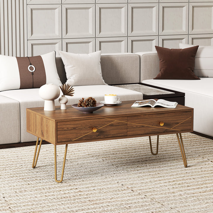 Coffee Table with Storage, Living Room Table with Drawers, Rectangular Tea Table with Steel Base for Home, 100 x 50 x 41 cm, Brown