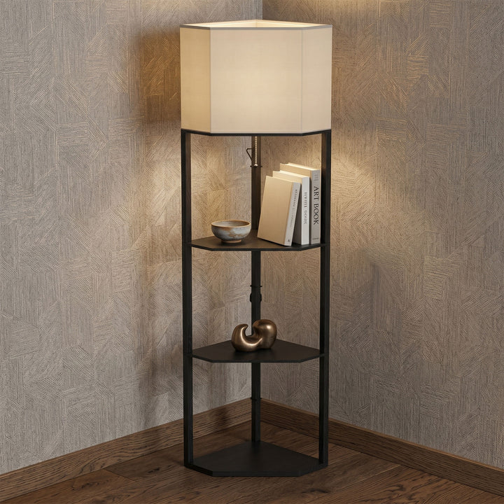 Corner Floor Lamp with Shelves and Lights, Modern Dimmable Standing La