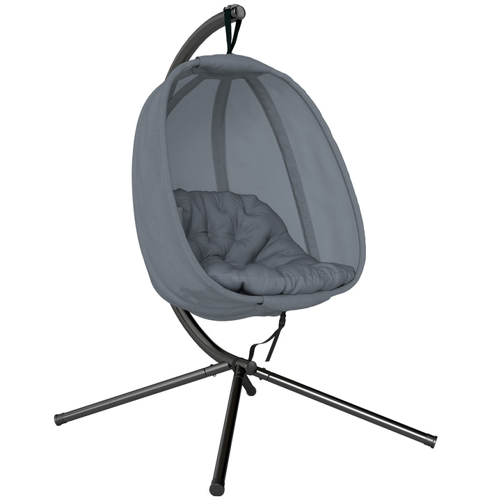 MCL Hanging Egg Chair, Folding Texteline Swing Hammock with Side Pocket, Cushion and Stand for Indoor Outdoor, Patio Garden Furniture, Grey