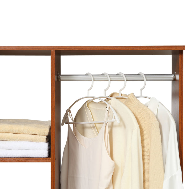 Open Wardrobe on Wheels, Bedroom Wardrobe with Clothes Hanging Rail, 3 Storage Shelves, Mobile Garment Rack for Cloakroom, Hallway, Walnut