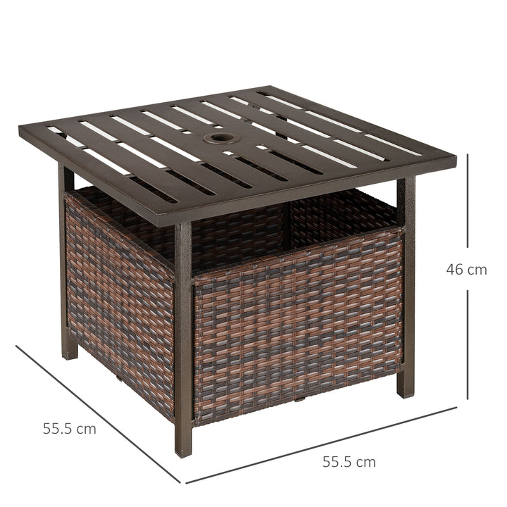 MCL Rattan Garden Coffee Table, 55.5 cm Square Wicker Patio Side Coffee Table with 4 cm Umbrella Hole, Metal Bottom and Slatted Top for Outdoor, Balcony, Brown