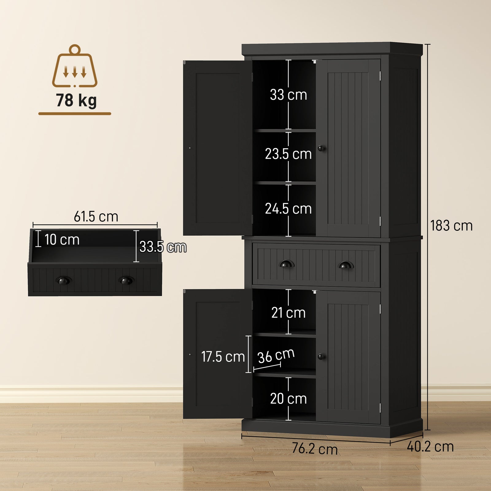 Kitchen Storage Cabinet with Drawer and Adjustable Shelves - Black