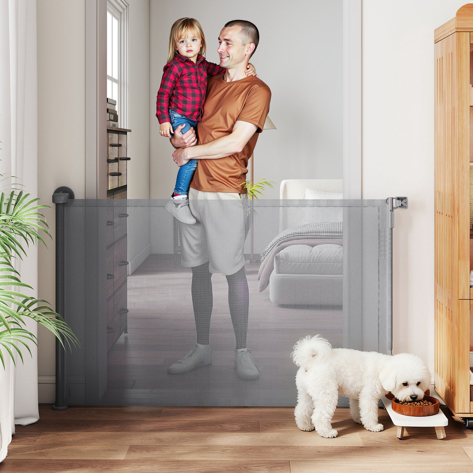 Retractable Dog Gate, Extends to 140 cm Wide & 93 cm Tall, Mesh Pet Ga
