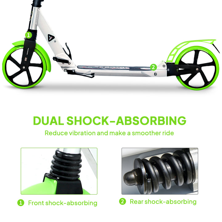 Folding Kick Scooter, Adjustable Ride On Scooter with 200mm Big Wheels and Double Shock Absorption, Urban Scooter for 14+ Teens Adult, Green
