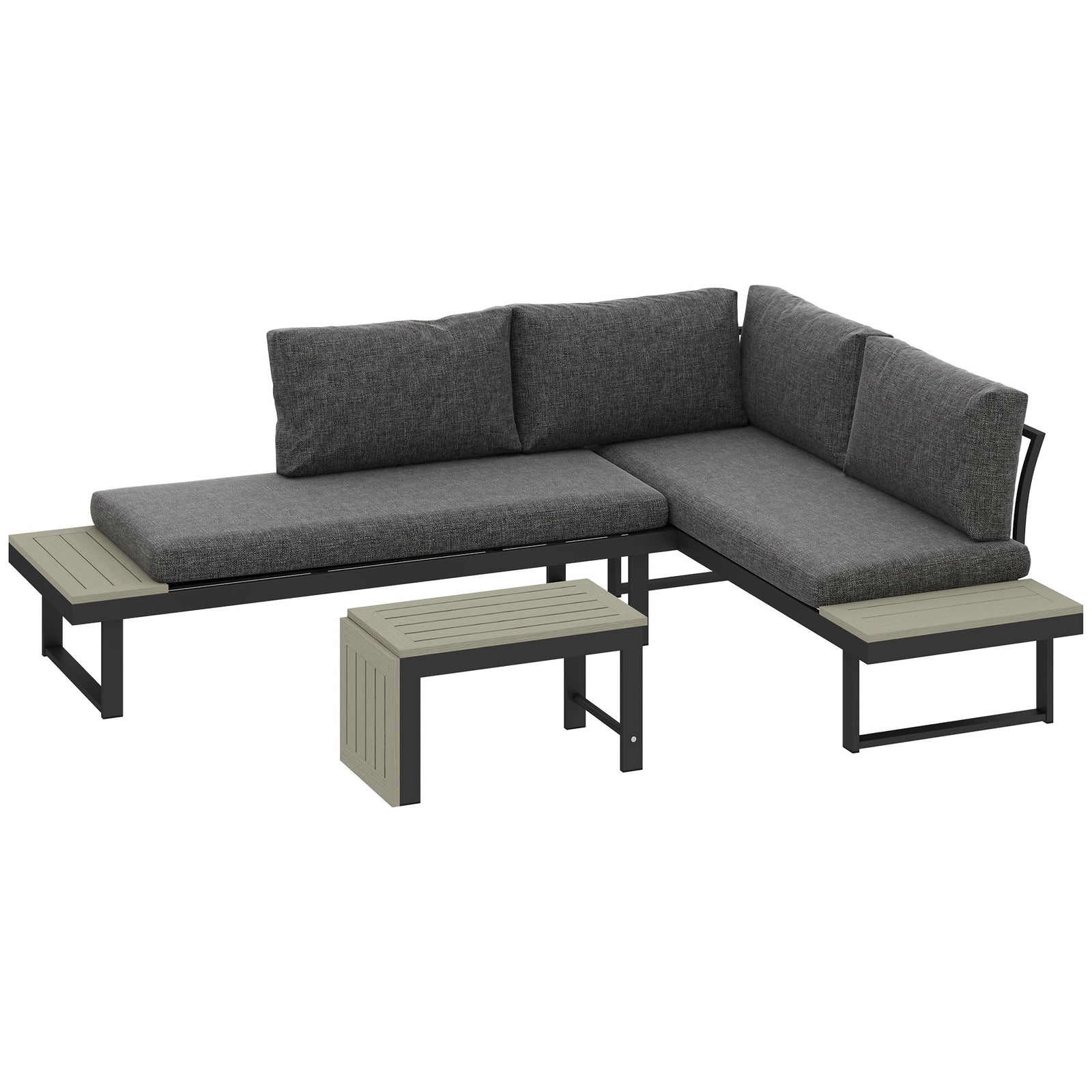 4 Seater L Shaped Aluminium Sectional Garden Furniture Set with 2 Loveseats and Wood-Plastic Coffee Table - Dark Grey