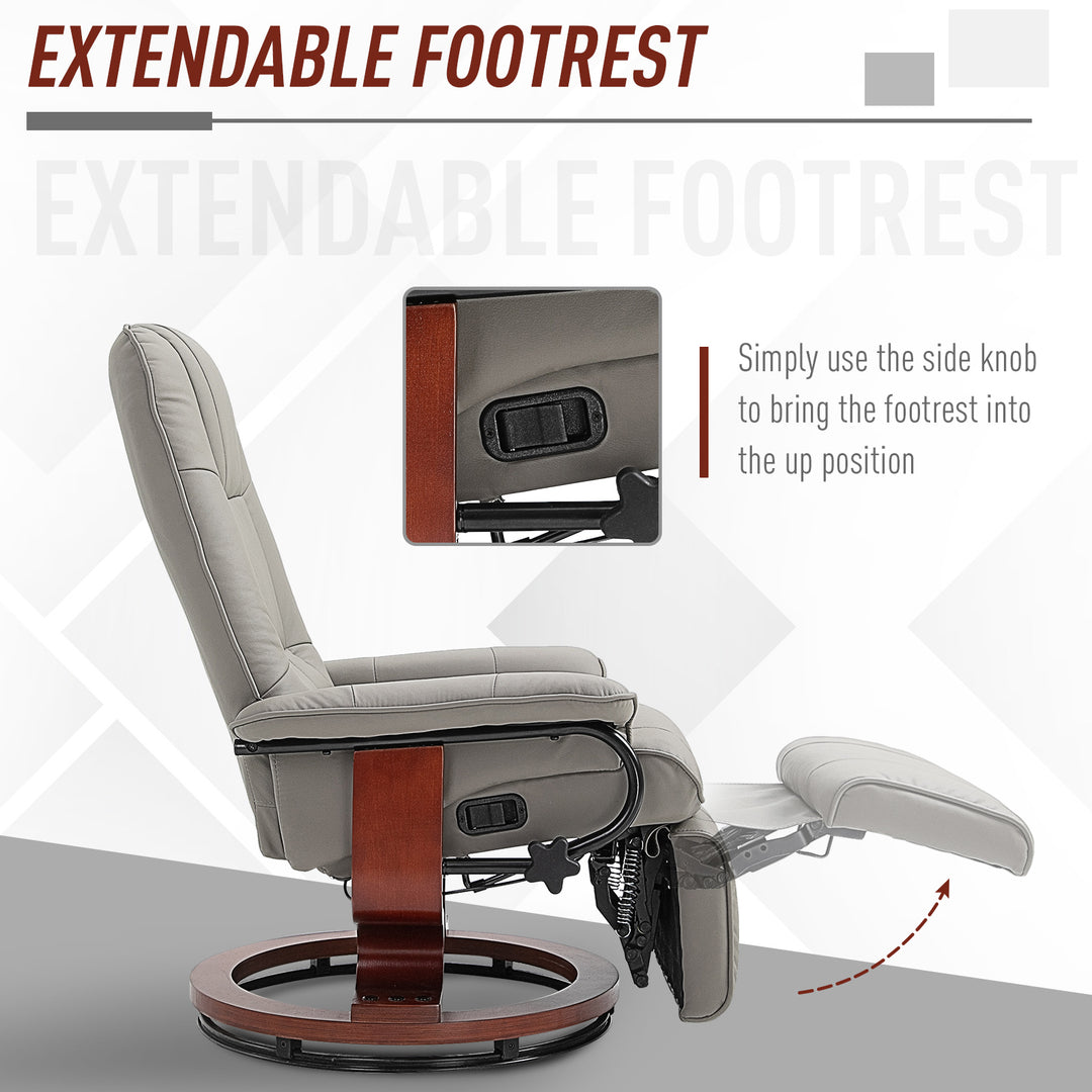 360° Swivel Recliner Chair with Footstool, Manual Recliner Armchair with Wooden Base, Faux Leather Upholstered Reclining Chair for Living Room, Bedroom, Office, Grey