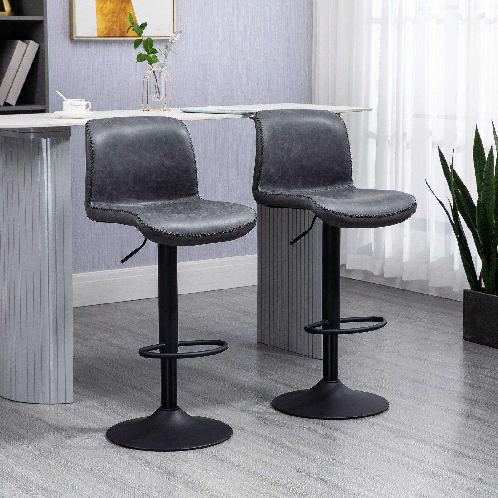 Set of 2 Bar Stool, Adjustable Height PU Leather Barstools with Swivel Seat and Footrest for Breakfast Bar, Kitchen and Home, Dark Grey