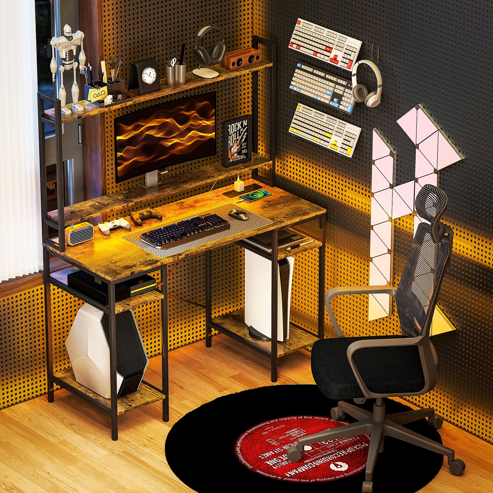 Computer Desk with Power Outlets and LED Lights, Home Office Desk with Monitor Stand, 2 CPU Stands and Storage Shelves, Study Table Gaming Desk with Hutch, Rustic Brown