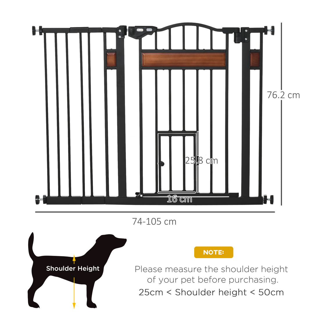 PawHut Dog Gate with Cat Flap Pet Safety Gate, Auto Close Double Locking Pine Wood Decoration, for Doorways Stairs, 74-105 cm Wide, Black | Aosom UK