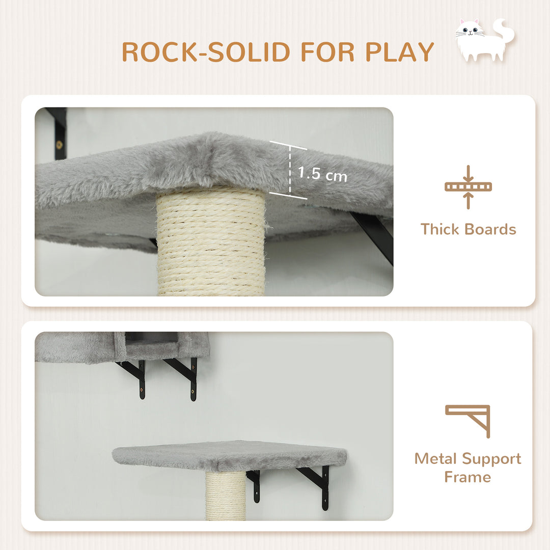 6-Piece Cat Wall Shelves Set with Condo, Cat Wall Furniture with Platforms, Sisal Scratching Post, Bed, Toy Ball, Grey