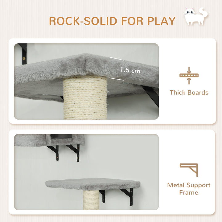 6-Piece Cat Wall Shelves Set with Condo, Cat Wall Furniture with Platforms, Sisal Scratching Post, Bed, Toy Ball, Grey